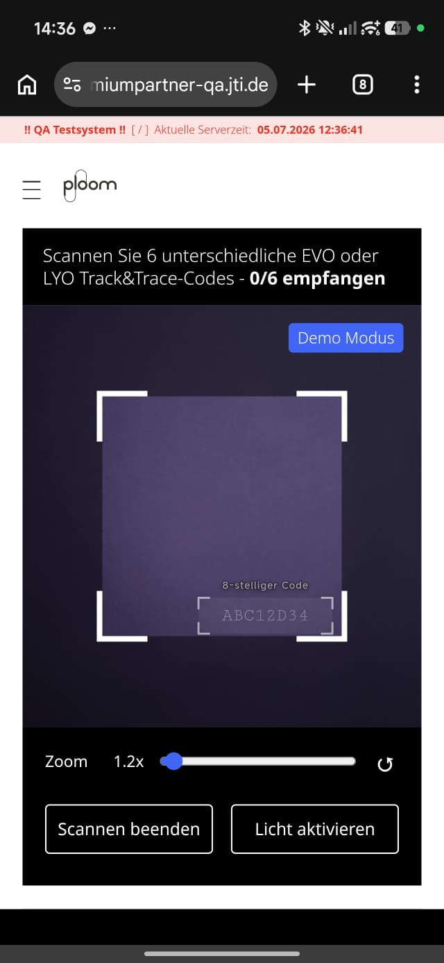 Scanner im Demo-Modus mit zwei sichtbaren Scanbereichen