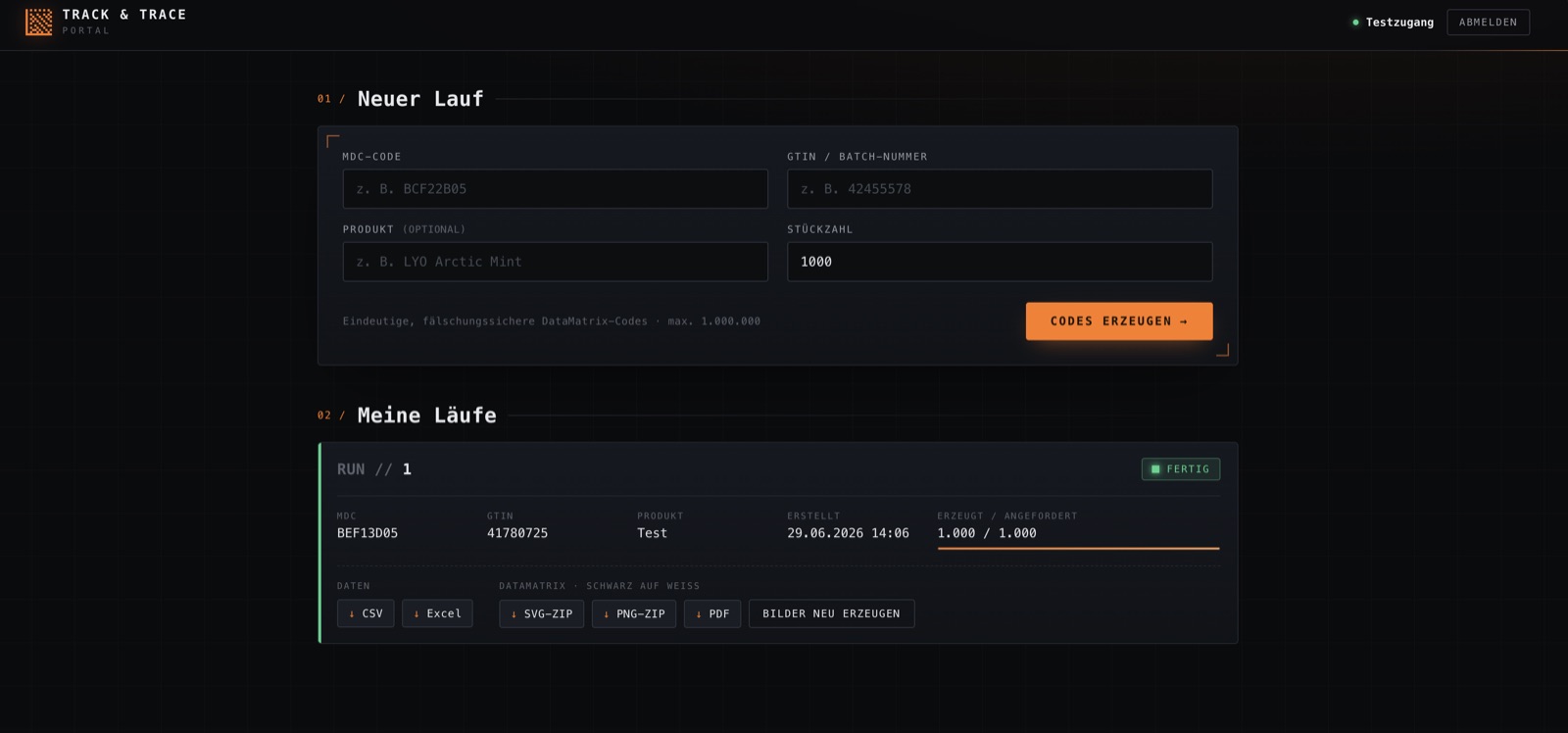 Track-&-Trace-Generator-Portal: MDC eingeben, Codes erzeugen, exportieren